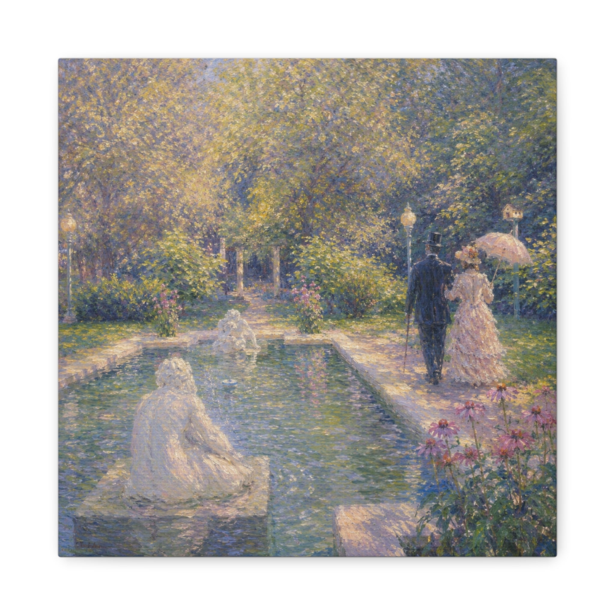 Impressionist Garden Stroll Matte Canvas Wall Art — Victorian Couple by Congress Park Fountain