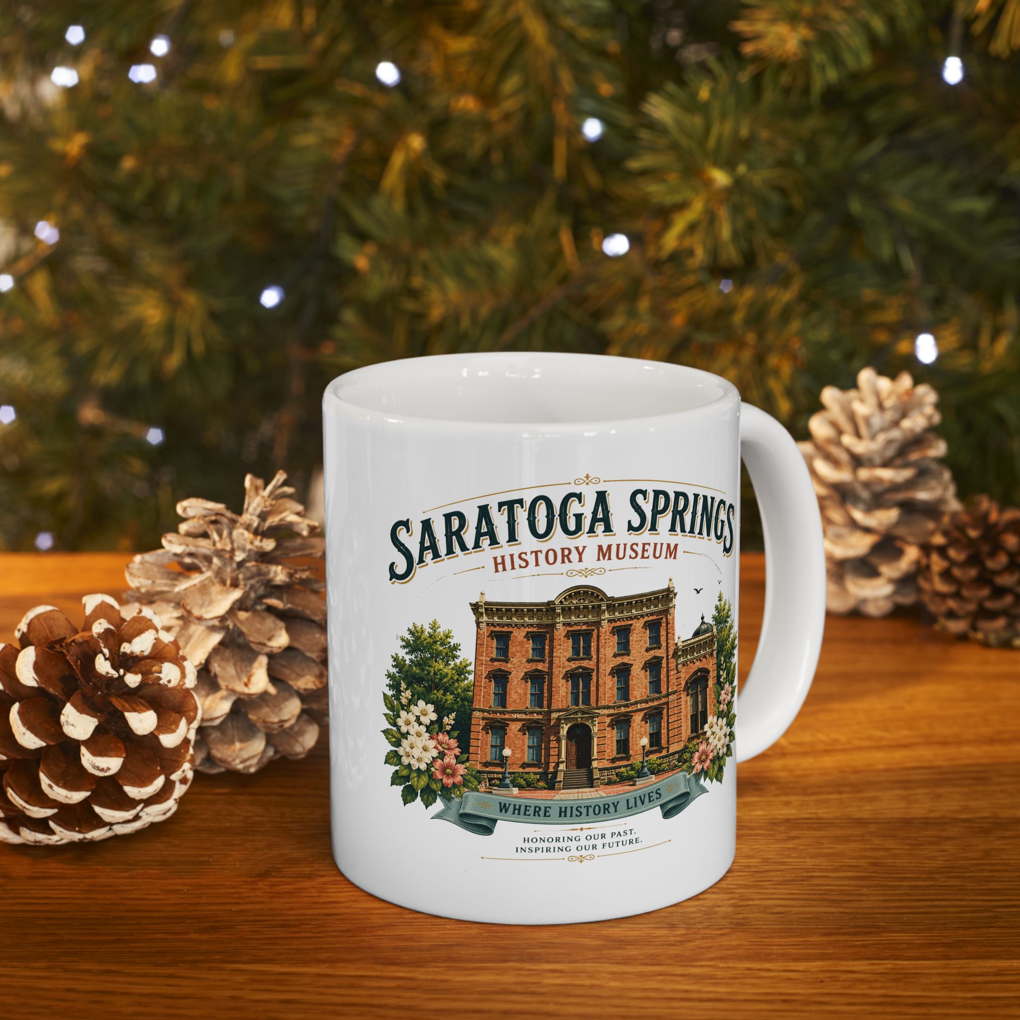 Saratoga Springs Illustrated Ceramic Mug — Congress Park Floral Souvenir (11oz/15oz)
