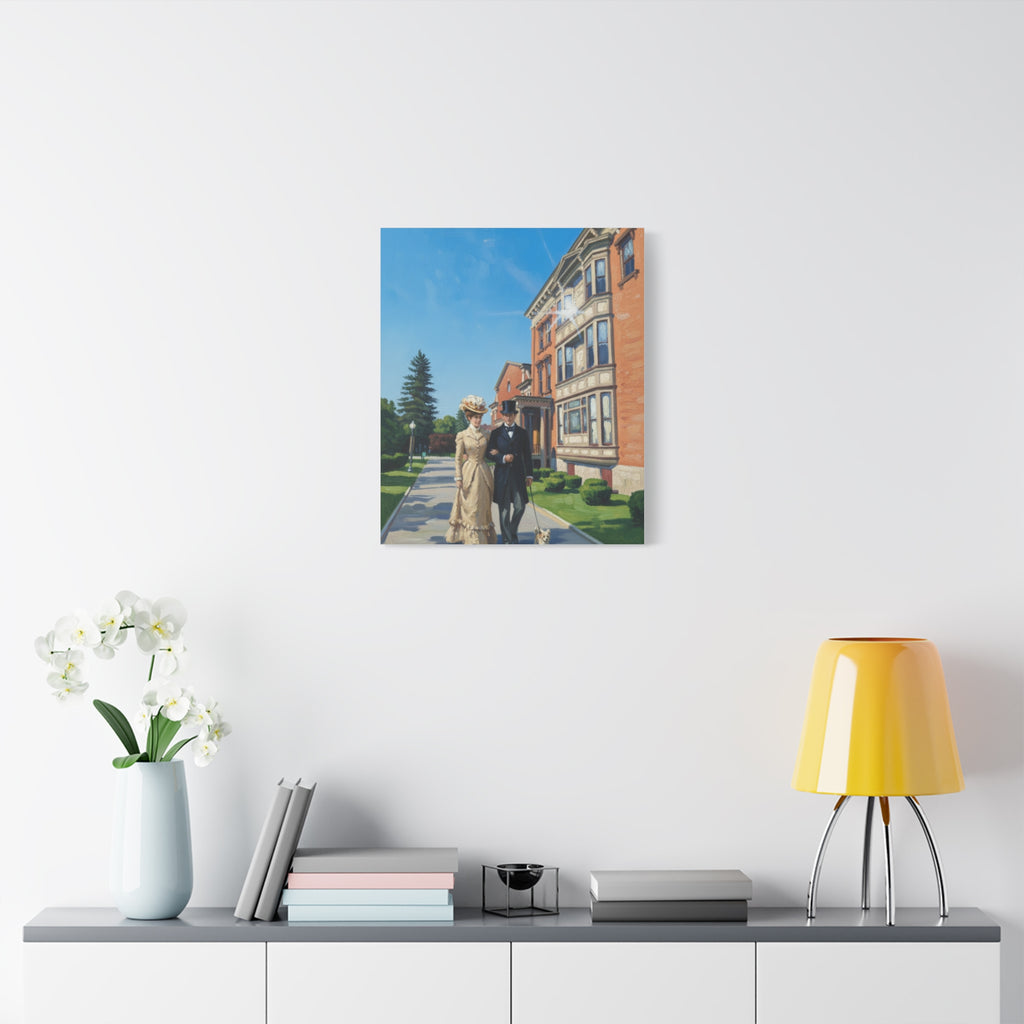 Saratoga Springs Watercolor Canvas Print — Couple Walking Dog by Canfield Casino