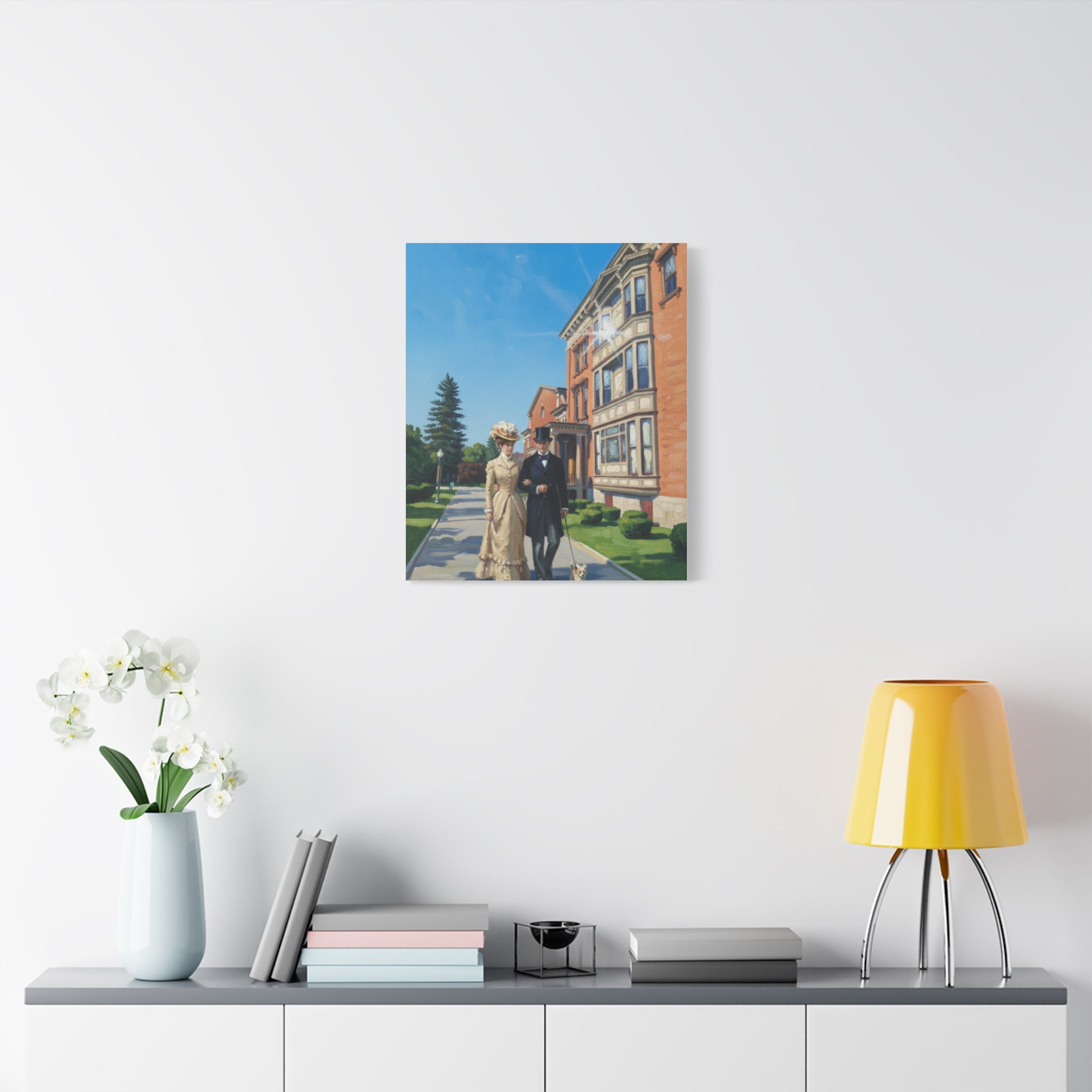 Saratoga Springs Watercolor Canvas Print — Couple Walking Dog by Canfield Casino