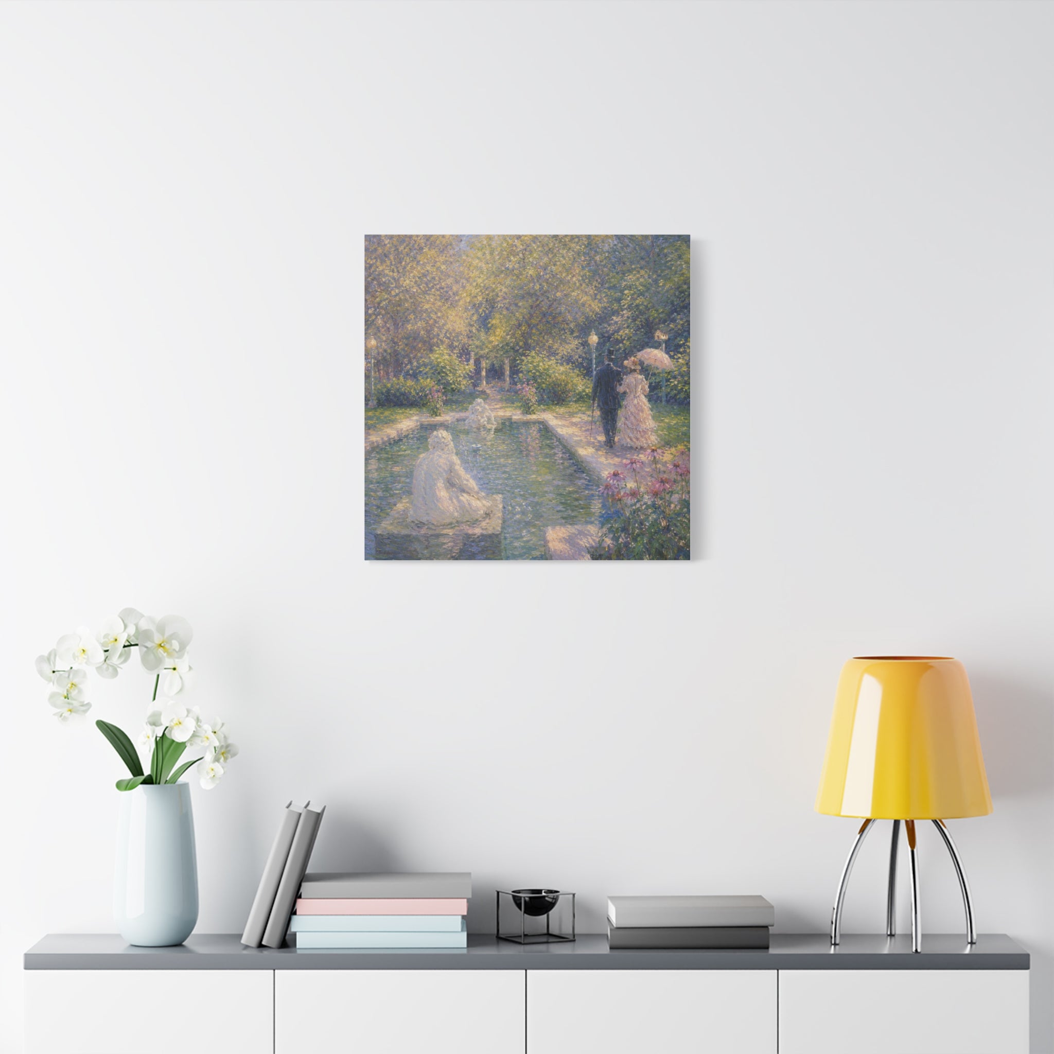 Impressionist Garden Stroll Matte Canvas Wall Art — Victorian Couple by Congress Park Fountain