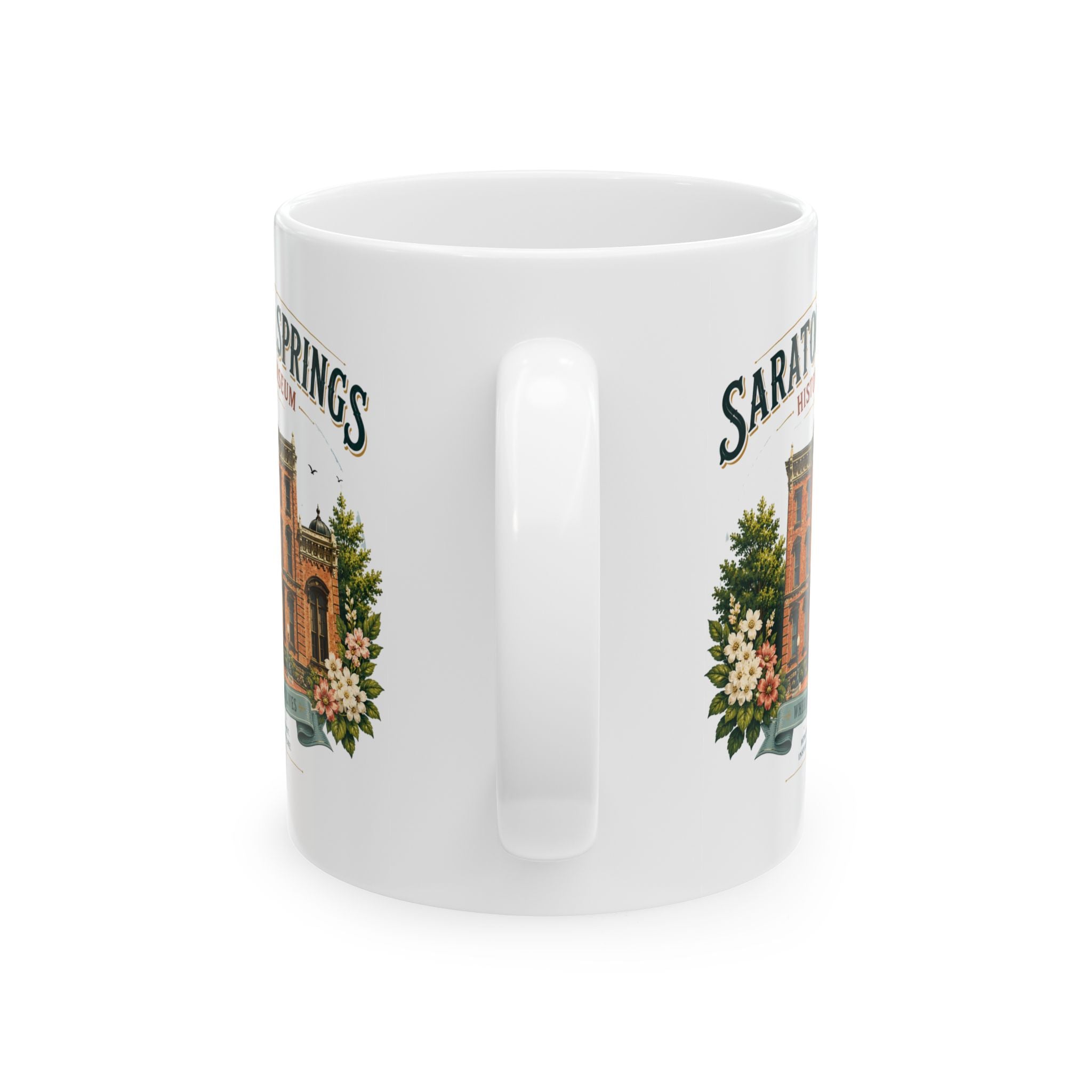 Saratoga Springs Illustrated Ceramic Mug — Congress Park Floral Souvenir (11oz/15oz)