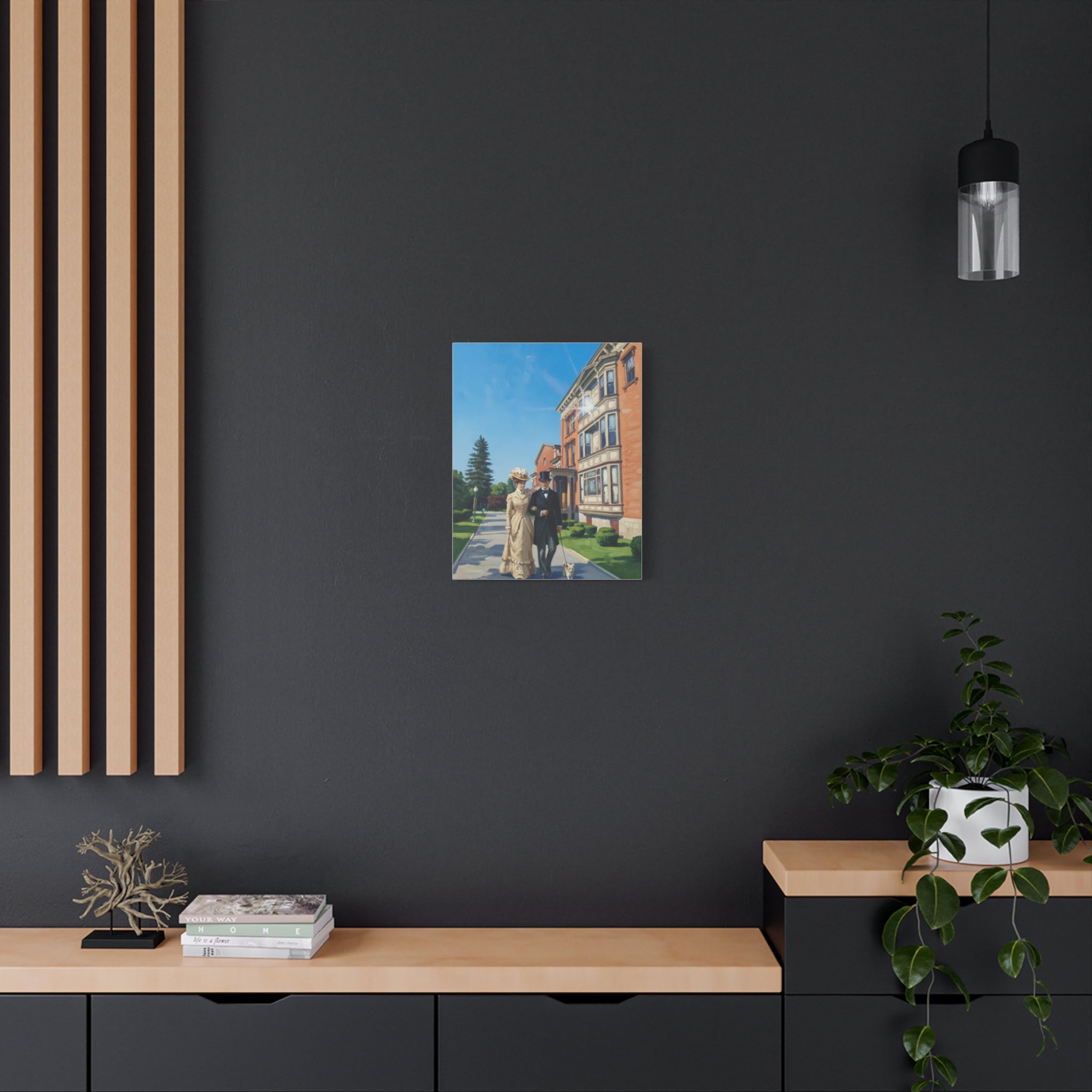 Saratoga Springs Watercolor Canvas Print — Couple Walking Dog by Canfield Casino