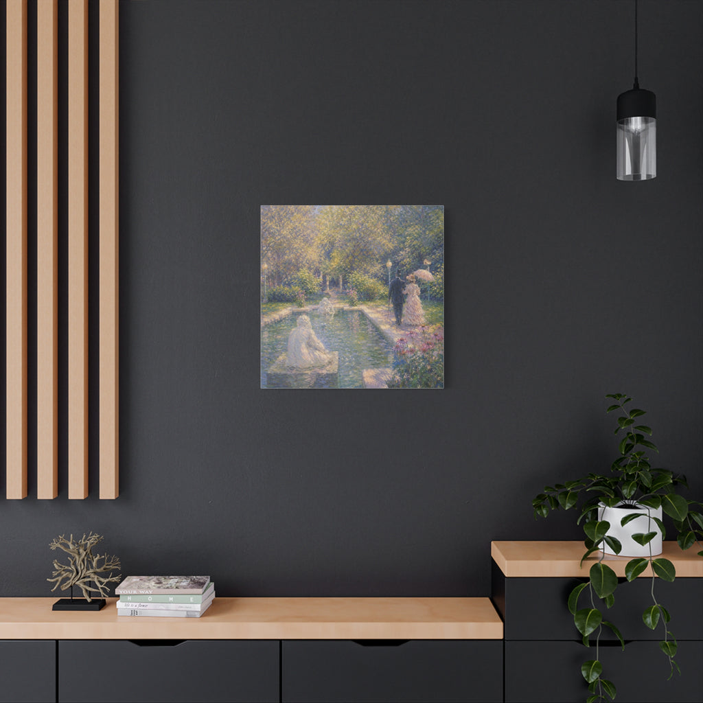 Impressionist Garden Stroll Matte Canvas Wall Art — Victorian Couple by Congress Park Fountain