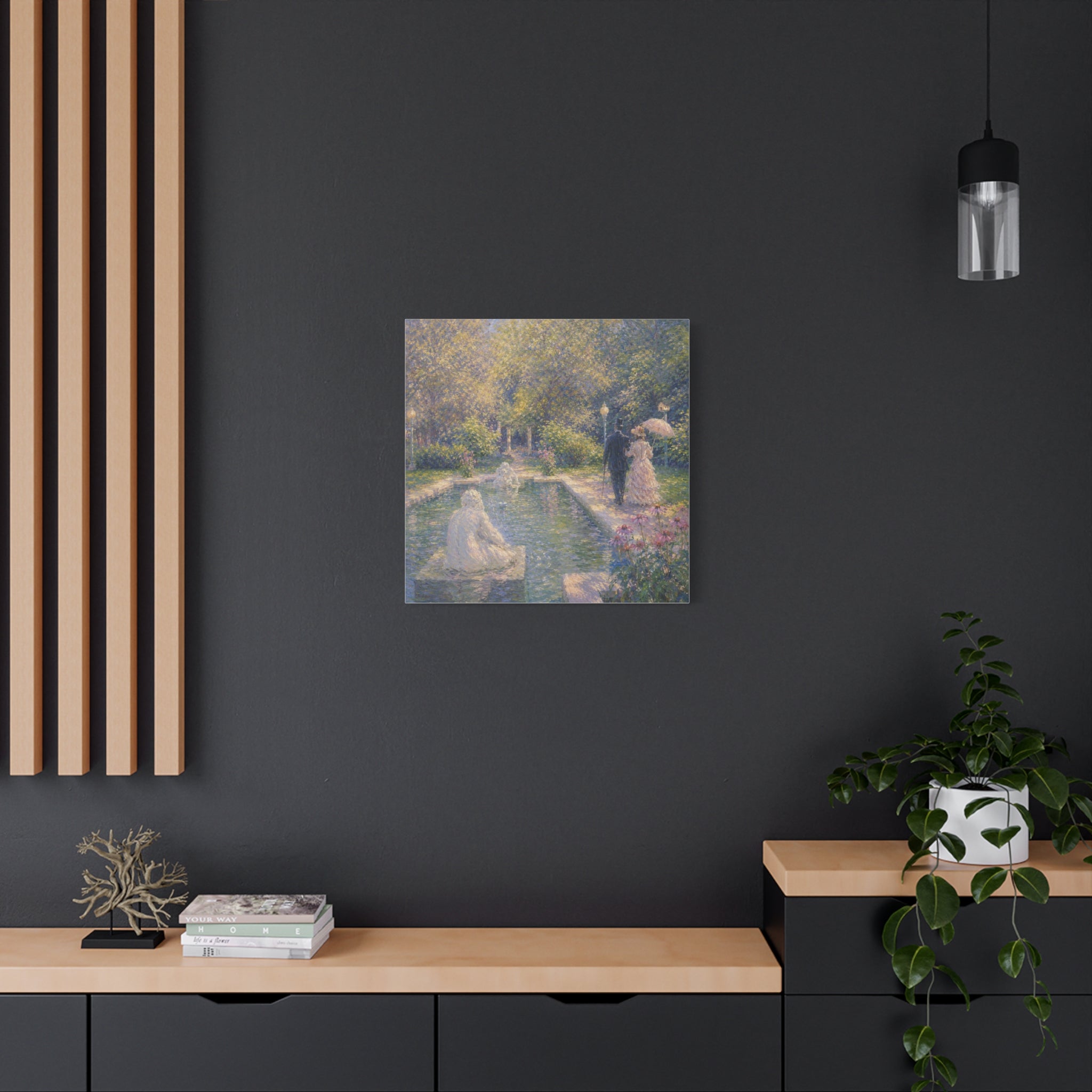Impressionist Garden Stroll Matte Canvas Wall Art — Victorian Couple by Congress Park Fountain