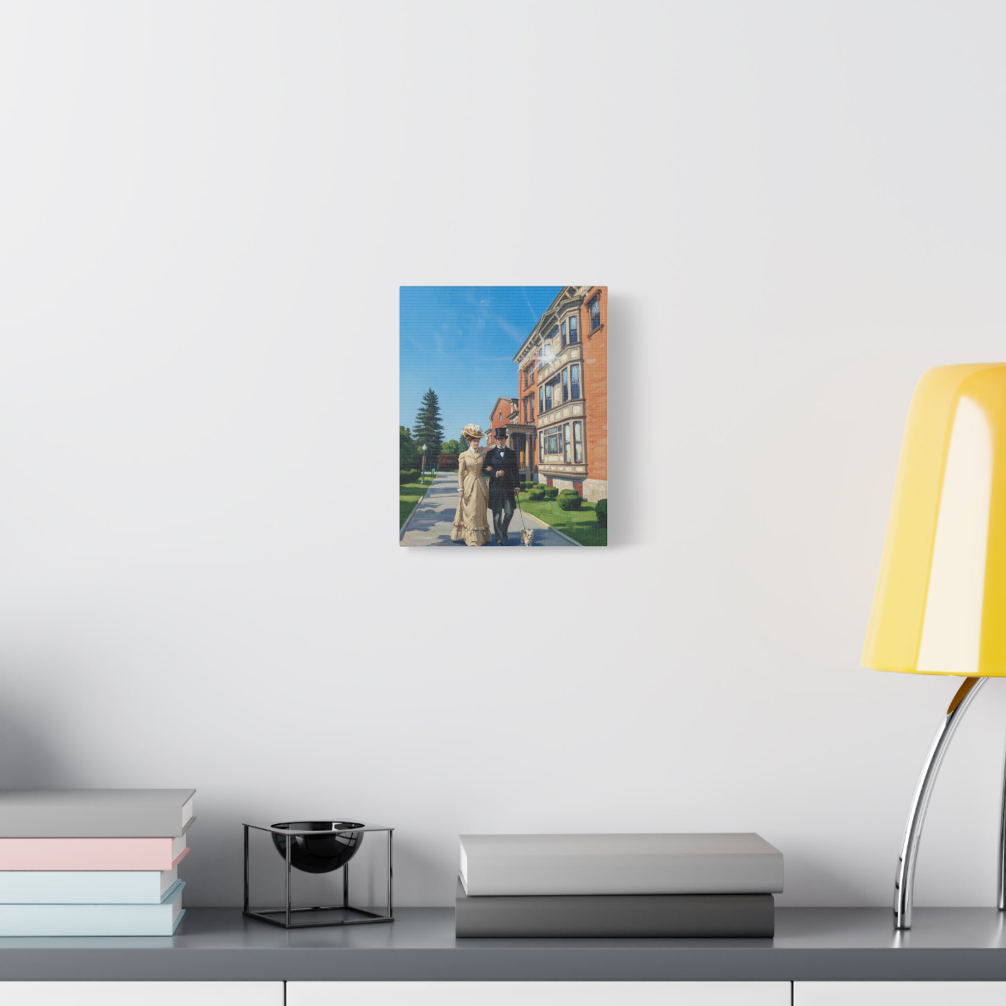 Saratoga Springs Watercolor Canvas Print — Couple Walking Dog by Canfield Casino