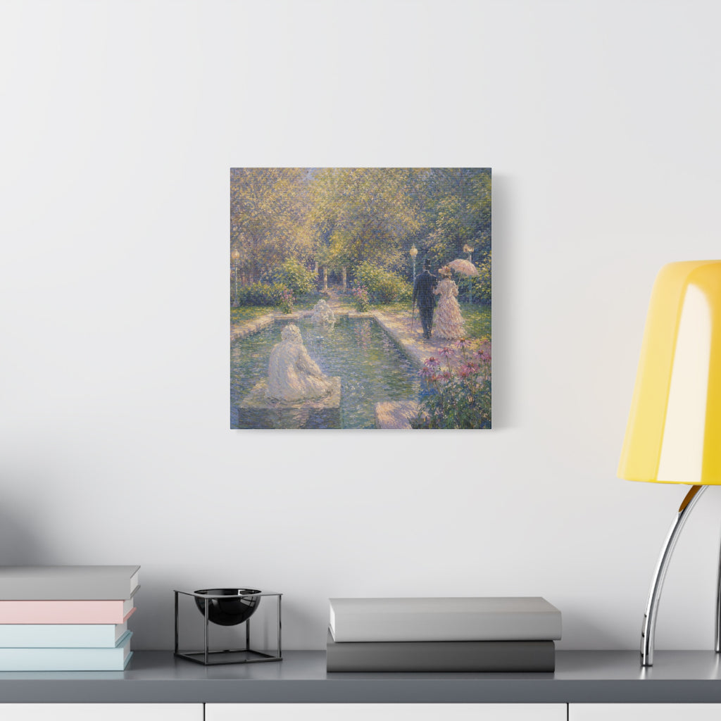 Impressionist Garden Stroll Matte Canvas Wall Art — Victorian Couple by Congress Park Fountain
