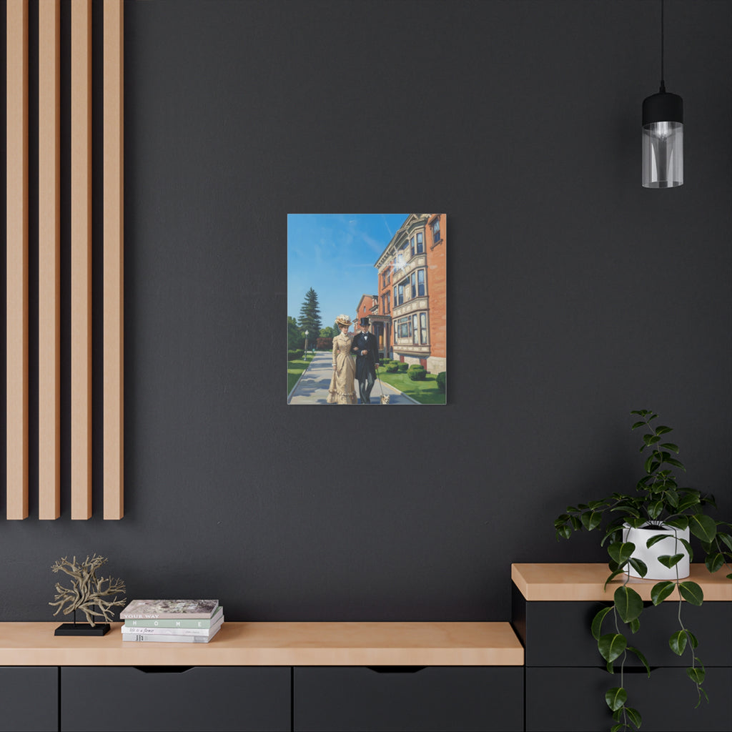 Saratoga Springs Watercolor Canvas Print — Couple Walking Dog by Canfield Casino