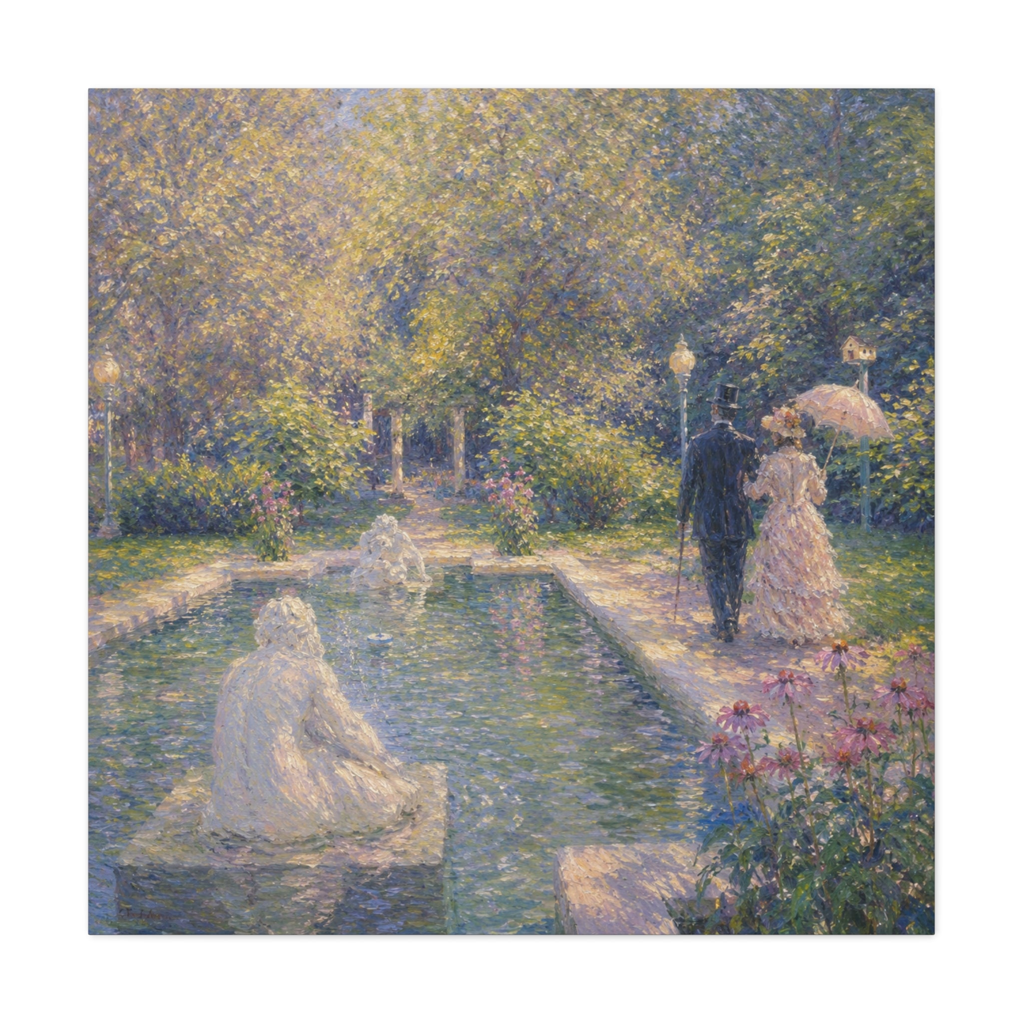 Impressionist Garden Stroll Matte Canvas Wall Art — Victorian Couple by Congress Park Fountain