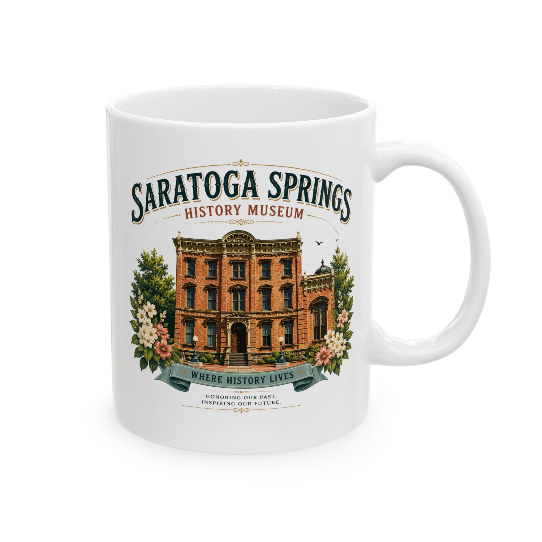 Saratoga Springs Illustrated Ceramic Mug — Congress Park Floral Souvenir (11oz/15oz)