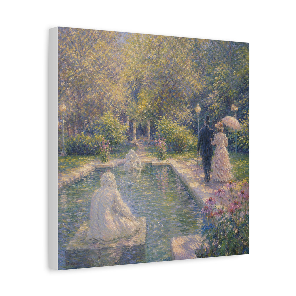 Impressionist Garden Stroll Matte Canvas Wall Art — Victorian Couple by Congress Park Fountain