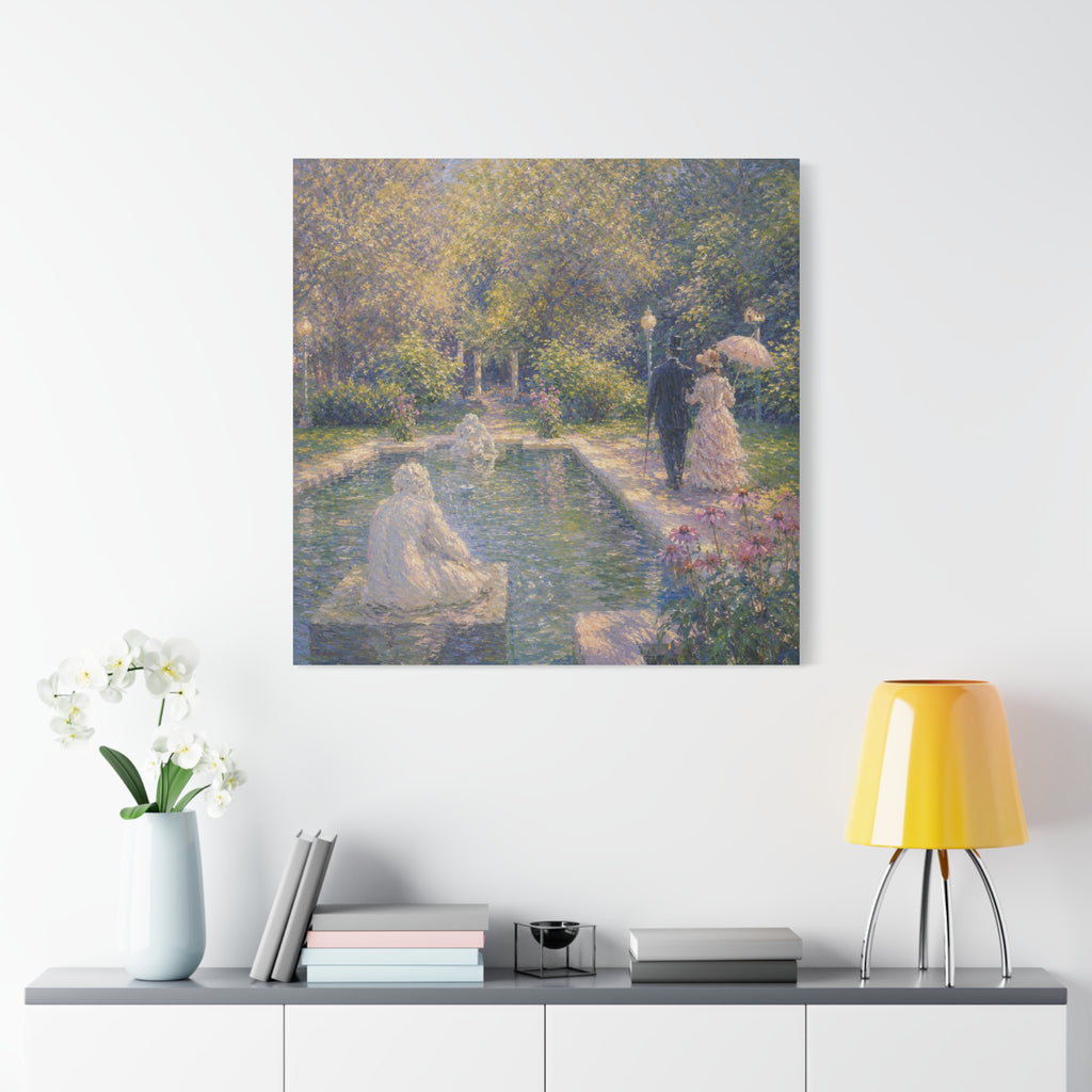 Impressionist Garden Stroll Matte Canvas Wall Art — Victorian Couple by Congress Park Fountain