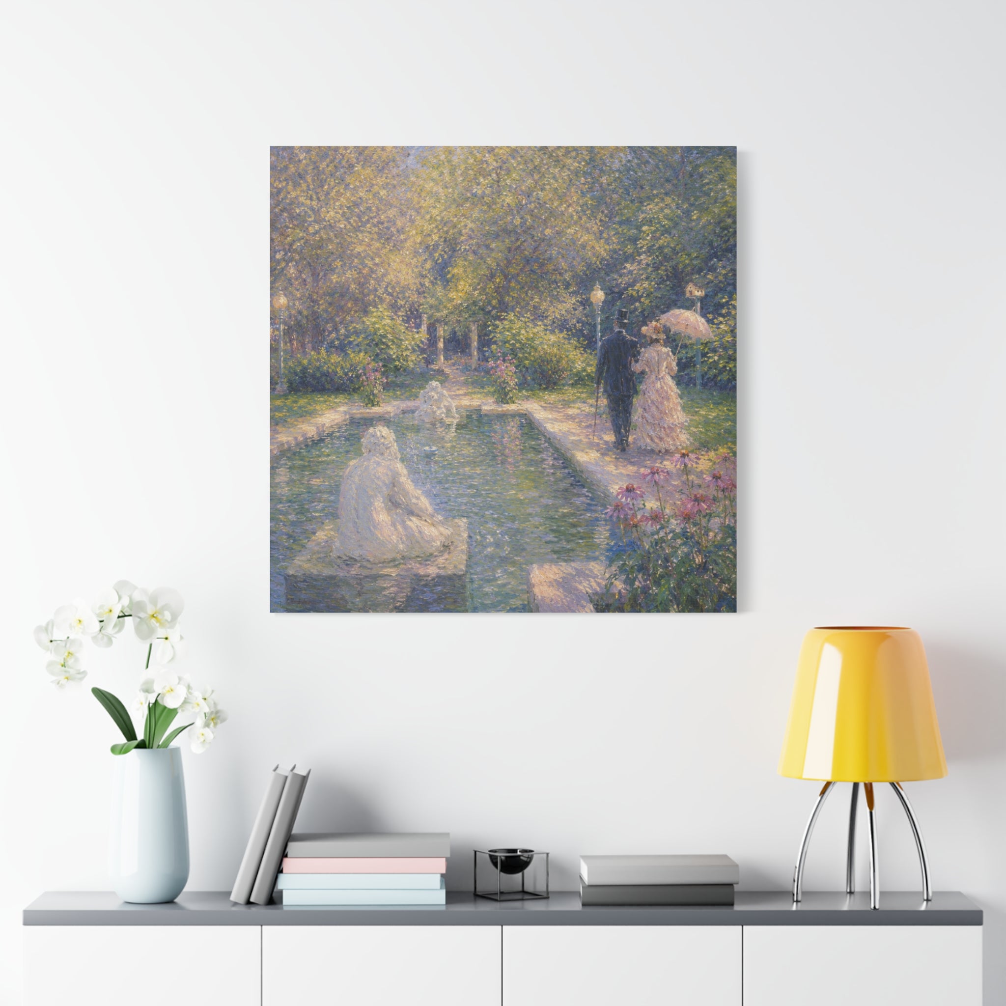Impressionist Garden Stroll Matte Canvas Wall Art — Victorian Couple by Congress Park Fountain