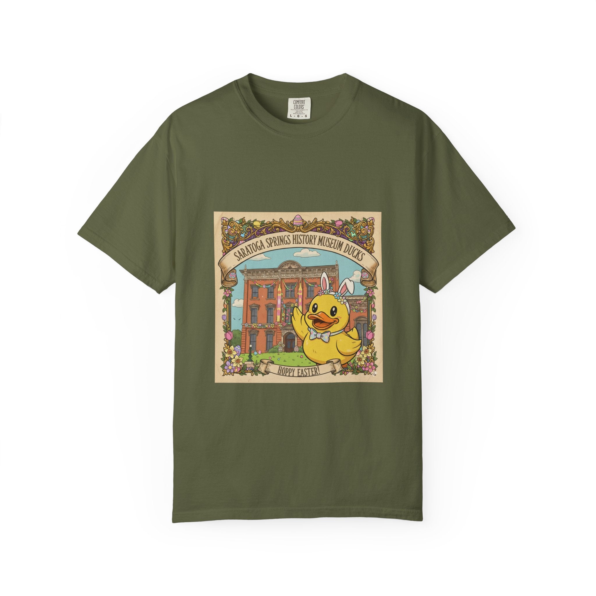 Saratoga Springs History Museum Duckling T-shirt | Easter Bunny Ears, Floral Vintage Illustration