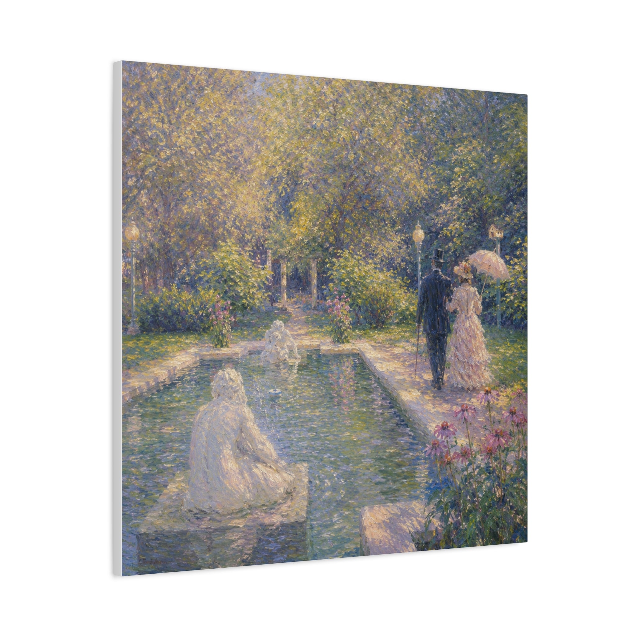 Impressionist Garden Stroll Matte Canvas Wall Art — Victorian Couple by Congress Park Fountain