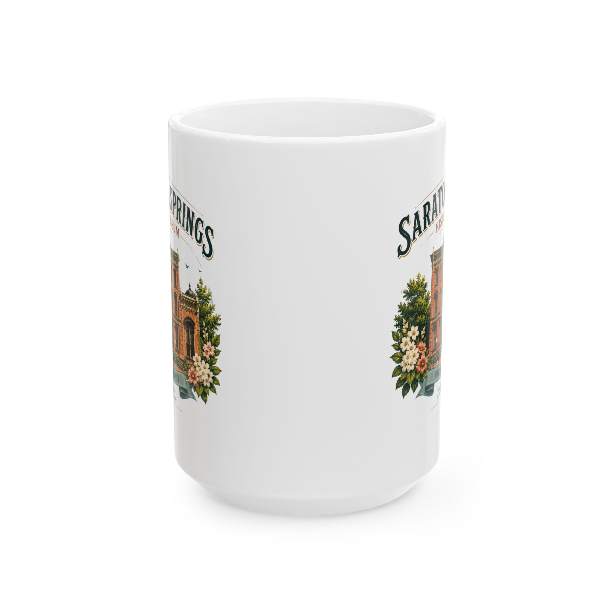 Saratoga Springs Illustrated Ceramic Mug — Congress Park Floral Souvenir (11oz/15oz)