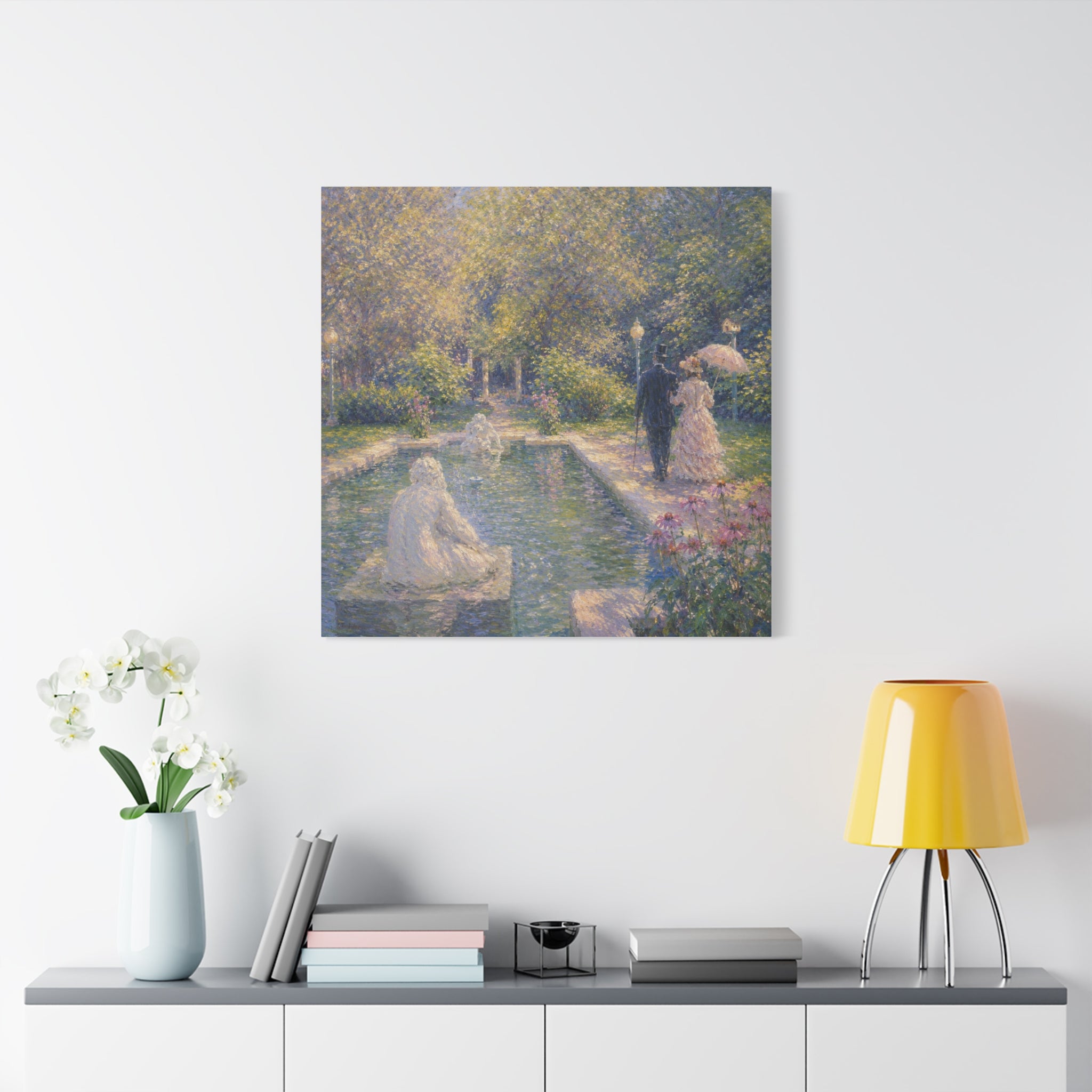 Impressionist Garden Stroll Matte Canvas Wall Art — Victorian Couple by Congress Park Fountain